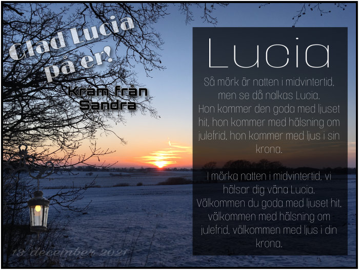 Vinterlandskap vid solnedgång med snö, träd och en lykta, samt text önskande Glad Lucia och en dikt om Lucia.