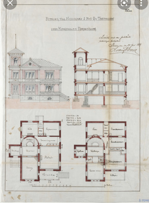 Gammal handritad arkitektonisk ritning av en byggnad med fasad, sektion och planvy, daterad år 1892.
