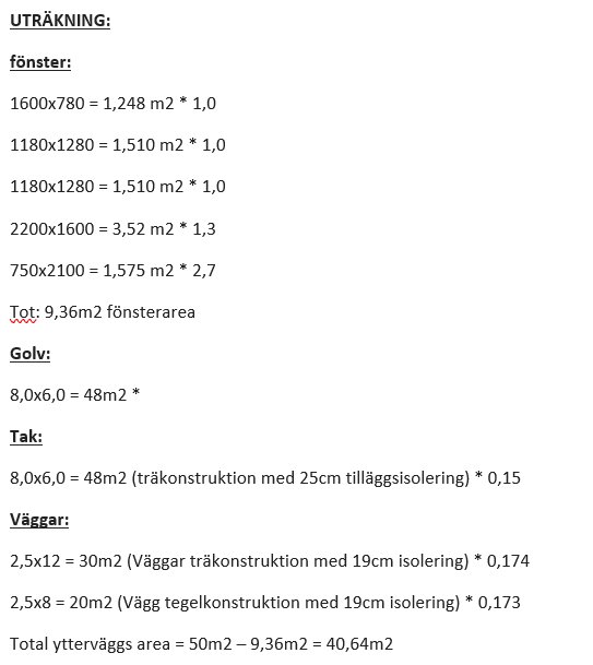 U-värdesberäkningar för olika fönsterstorlekar och väggtyper i ett byggprojekt med total fönsteryta och väggarea.