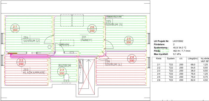 Ritning över golvvärmeinstallation i flera rum med specifikationer och dimensioner.