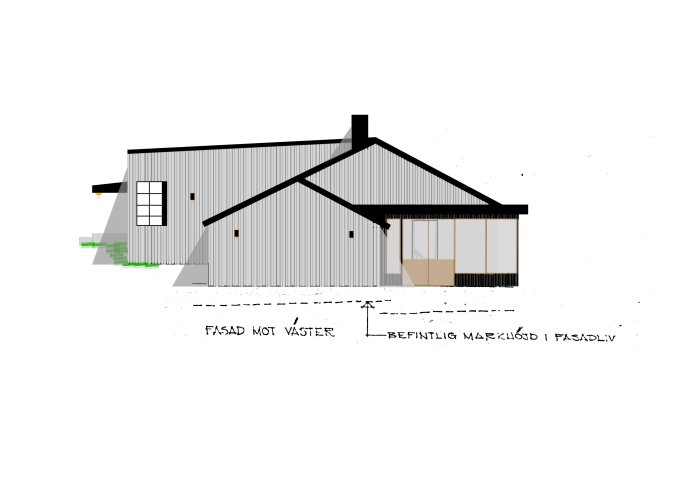 Arkitektritning av ett 60-talshus med tillbyggnad och notering om befintlig markhöjd.