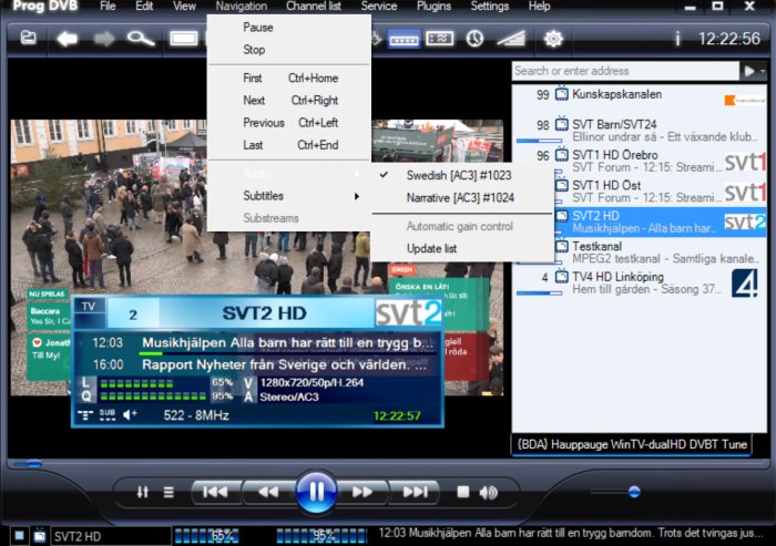 Skärmbild av ProgDVB-programvara som visar TV på en laptop, med SVT2 HD-kanal och ljudinställningarna öppna.