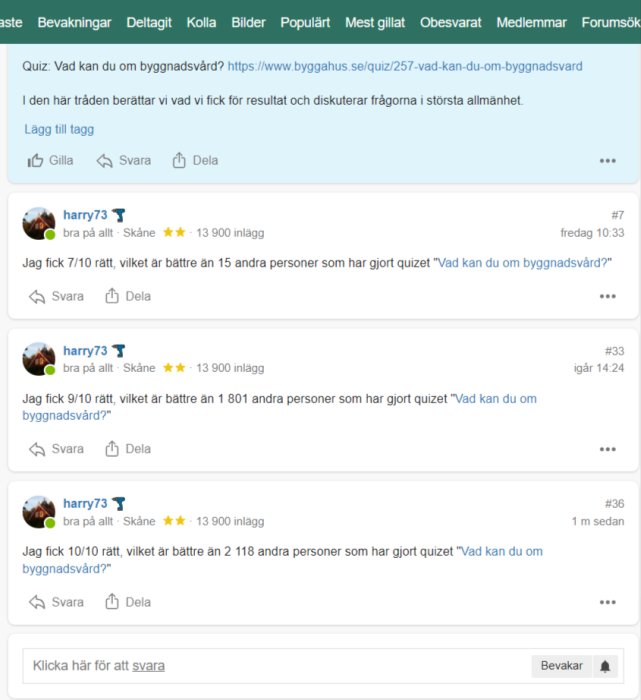 Skärmdump från diskussionsforum med inlägg om quizresultat i ämnet byggnadsvård.