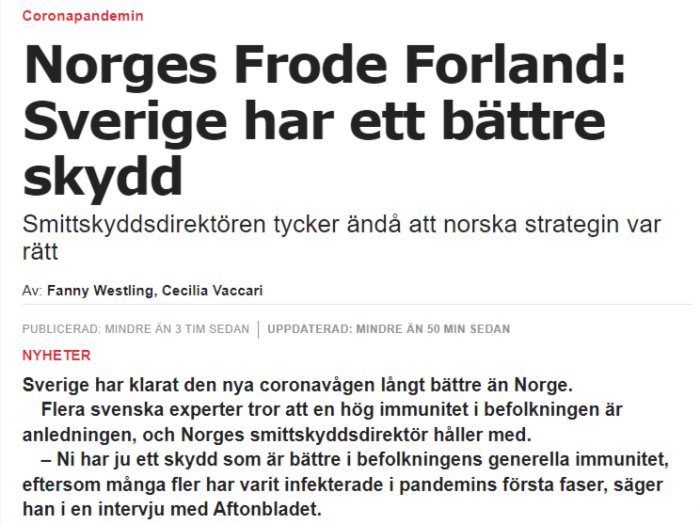 Artikelrubrik om Frode Forlands uttalande att Sverige har bättre skydd mot Covid-19 med underliggande text.