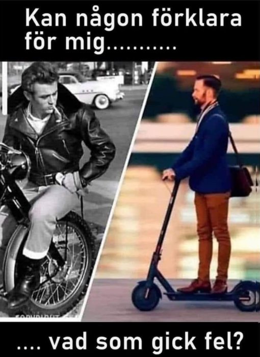 Kontrast mellan svartvit bild av man på motorcykel och färgbild av man på elsparkcykel.