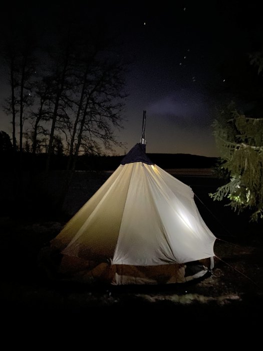 Ett belyst tält i ett vinterlandskap under en stjärnklar himmel, vilket visar en familjeutflykt i kalla minus 15 grader.