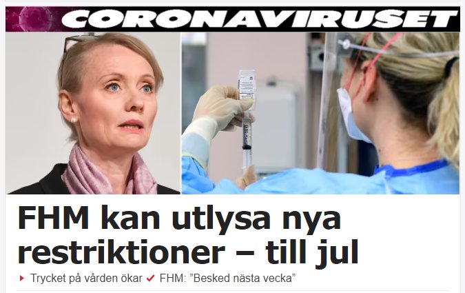 En kvinna från FHM ser orolig ut bredvid en bild på en hälsovårdare som fyller en spruta med vaccin.