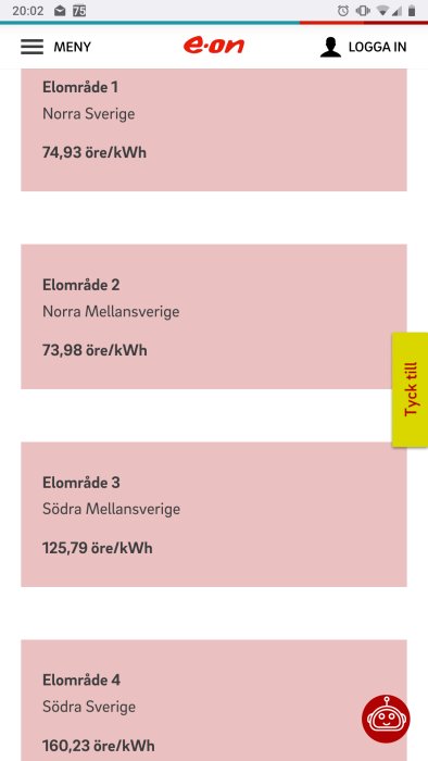 Skärmklipp från E.ON-app med elpriser i öre/kWh för olika elområden i Sverige.