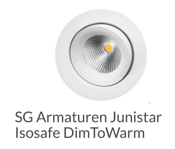 Vit SG Armaturen Junistar IsoSafe DimToWarm spotlight med textbeskrivning.