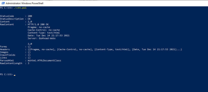 Skärmdump av Windows PowerShell med resultatet av ett körningskommando, visande textbaserad output.