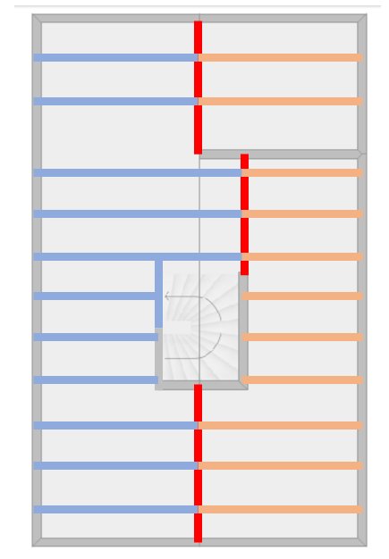 Skiss av hus med bärande väggar (grå), bärlinor (rött) och bjälkar (blått och orange).
