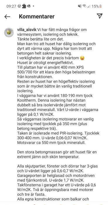 Skärmdump av diskussionsforum där en användare beskriver husets isolering och värmesystem.