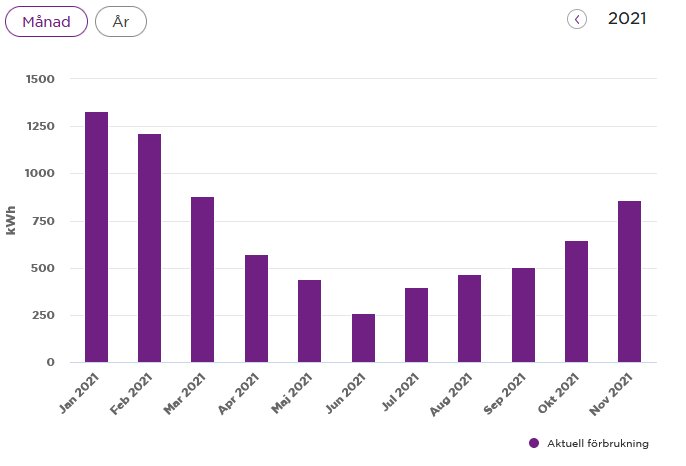 Stapeldiagram som visar månatlig elförbrukning i kWh under 2021 för en villa.