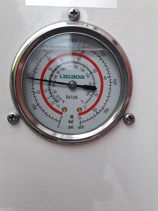 Manometer med skalan i både Celsius och Fahrenheit samt psi och bar för kylmediet R410A.