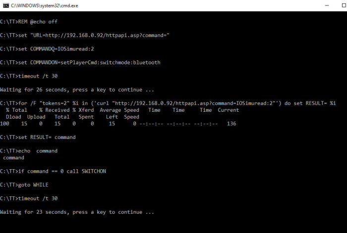 Skärmdump av en kommandotolk i Windows med textbaserade skriptkommandon och output.