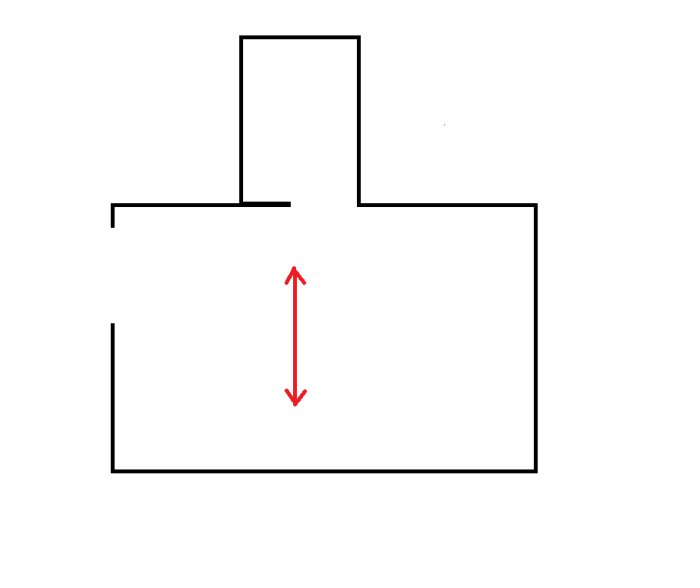 Ritning av rum med markerad läggningsriktning för ekparkett med röd pil.