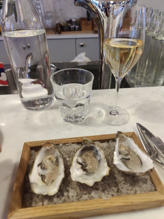 Tre öppnade ostron på en bädd av grovsalt i en träask, med ett glas vin och vattenflaska i bakgrunden.