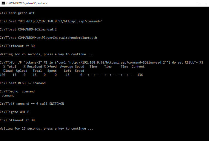 Skärmdump av en CMD-kommandoprompt med batch-script för http-api-anrop och timeout-kommandon.