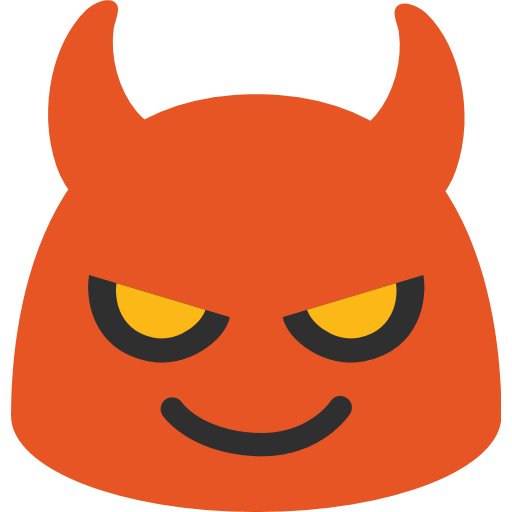 Illustration av en leende djävul emoji med orange hud, gula ögon och två horn.