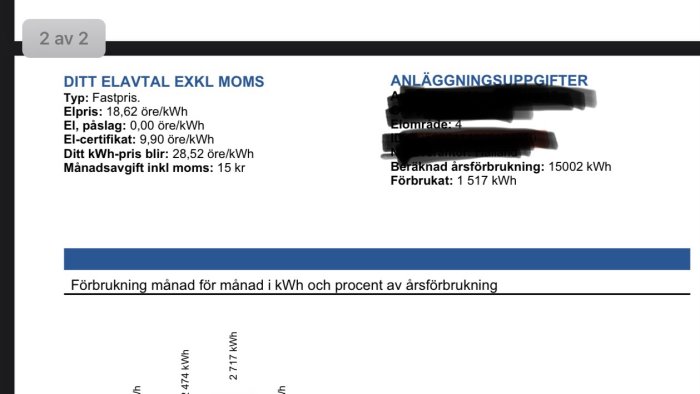 Skärmdump av elräkning visande detaljer om avtal, elpris och förbrukning men med personuppgifter överstrukna.