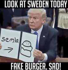 Person håller upp en skylt med text och teckning av en semla samt en burgare med texten "FAKE BURGER. SAD!