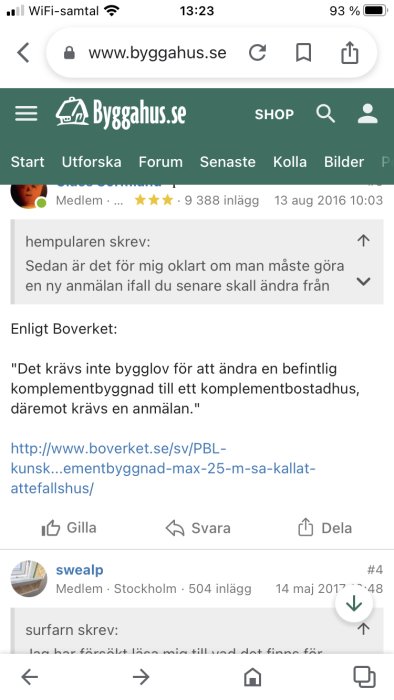 Skärmdump av ett diskussionsforum, text om renovering och länk till Boverket.