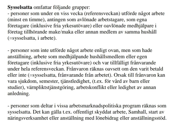 Skärmdump av textdokument som definierar olika kategorier av sysselsatta enligt statistisk data.