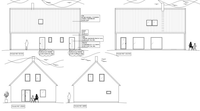 Arkitektoniska ritningar av en byggnads fyra fasader med specificerade material och färger.