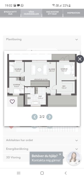 Planritning av ett enplanshus med sovrum, allrum, bad och klädkammare.