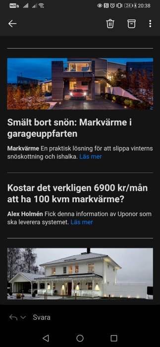 Skärmdump från mobil visar två hus, övre med välbelyst garageuppfart och undre med belysning och lätt snötäcke.