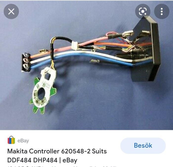 Ersättningskontrollelement till Makita skruvdragare DDF484 med kablar och stator synlig.