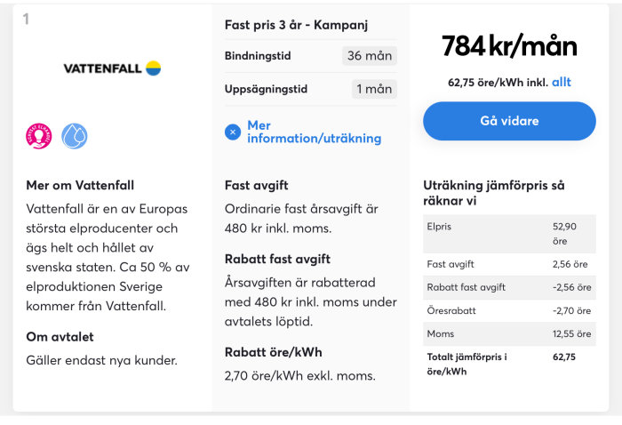 Skärmklipp av elavtalserbjudande från Vattenfall med treårig bindningstid, pris på 784 kr/mån och detaljerad prisuträkning.