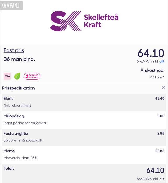 Kampanj från Skellefteå Kraft med erbjudande om fast elpris, 36 månaders bindningstid och prisspecifikation.