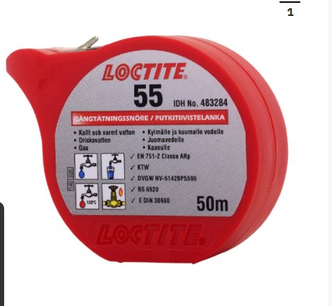 Röd Loctite 55 gängtätningssnöre i förpackning för rörinstallationer.