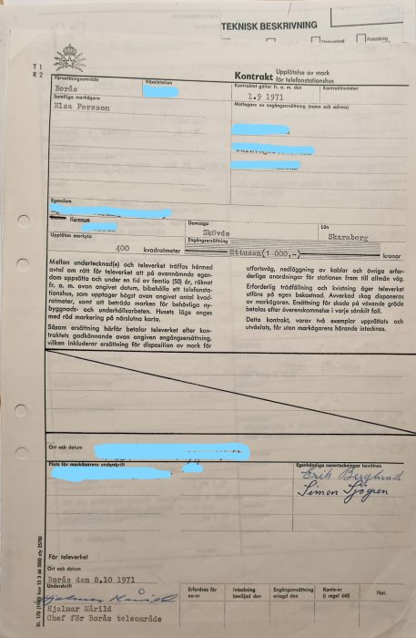 Bild på ett gammalt juridiskt dokument med avtalstext för upplåtelse av mark för teletekniska ändamål daterat 1971 med vissa delar suddade.