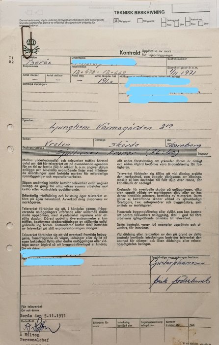 Äldre teknisk kontrakt med text och signaturer, vissa delar överstrukna eller suddiga, gällande markupplåtelse för ledningsanläggningar.