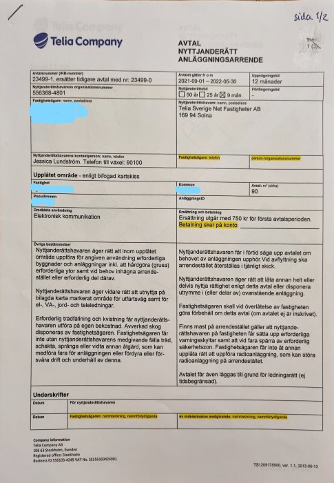 Bild på ett Telia Company-avtal om nyttjanderätt och anläggningsarrende med text och signaturfält, delvis markerad med gulmarkeringspenna.
