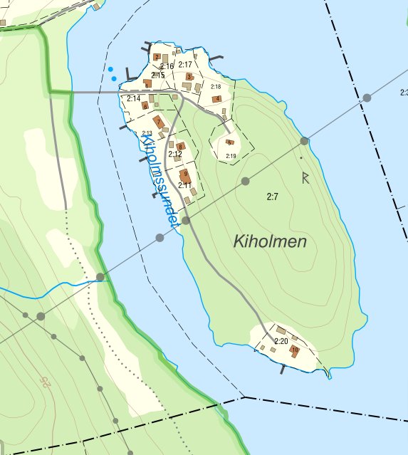 Karta över Kiholmen som visar fastigheterna 2:11 och 2:20, hemfridszoner och servitutsvägar i en diskussion om rättigheter.