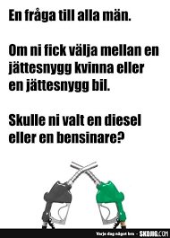 Illustration av bensin- och dieselpumpar som står som boxningshandskar ovanpå en humoristisk text om att välja mellan bil och kvinna.