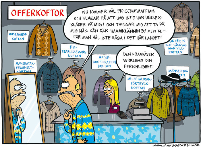 Illustration av en butik med "Offerkoftor" och diverse koftor med satiriska namn, och en kund i dialog med expedit.