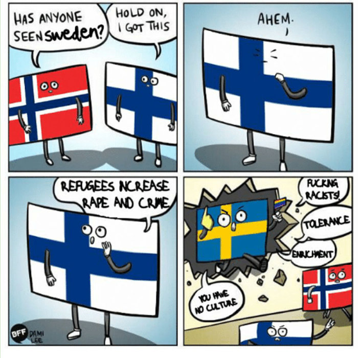 Animerade flaggor som diskuterar och Sverigeflaggan krossas med ord som "tolerance" och "enrichment".