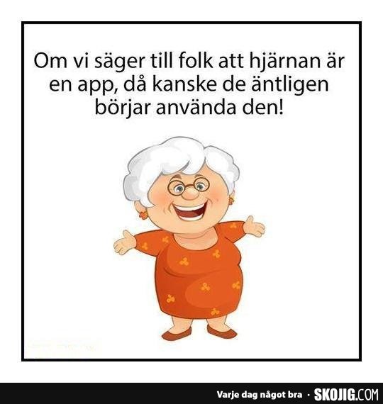 Illustration av en leende äldre kvinna som föreslår att hjärnan bör betraktas som en app för ökad användning.