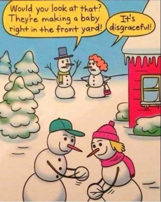 Illustration av två snögubbar som pratar och två andra som bygger en liten snögubbe.