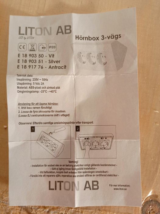 Användarmanual för Liton hörnbox 3-vägs med teknisk specifikation och installationsanvisningar.