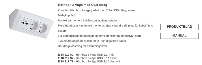 Hörnbox med två vägguttag och USB-laddportar, vit, för installation i hörn.