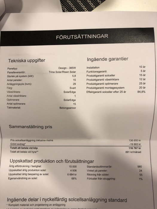 Offert för solcellsanläggning med tekniska uppgifter, garantier och prissammanställning.