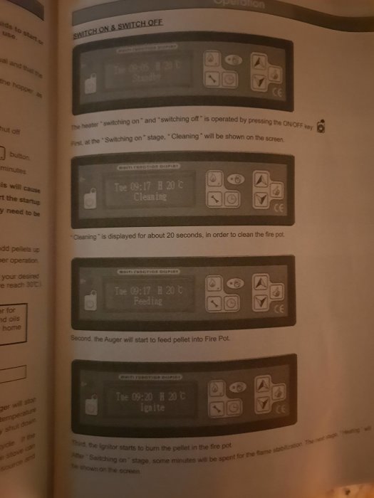 Handbokssida som visar steg-för-steg instruktioner för att starta och stänga av en värmare med digitala displaybilder för varje steg.