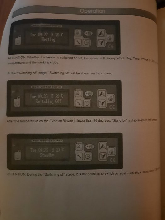 Instruktionsmanual som visar en termostat med olika displaymeddelanden: 'Heating', 'Switching Off', 'Standby'.