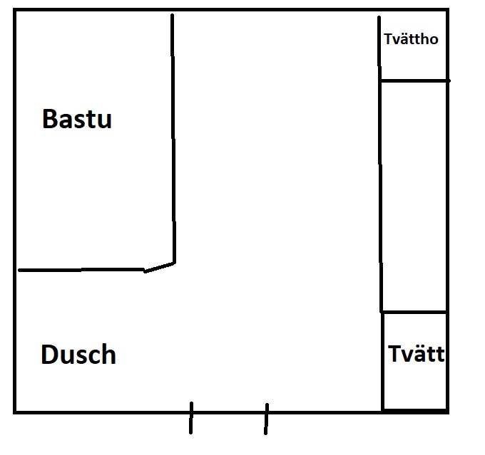 Enkelt handritad planritning med bastu, dusch, tvättho och tvättrum.