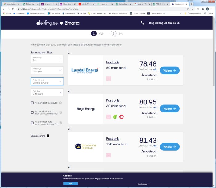Skärmdump av en jämförelsewebbplats för elavtal med olika avtalstider och priser.